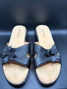 Euroworks Black Leather Slide Sandals Womens Size 8 Comfort Floral Applique Slip
